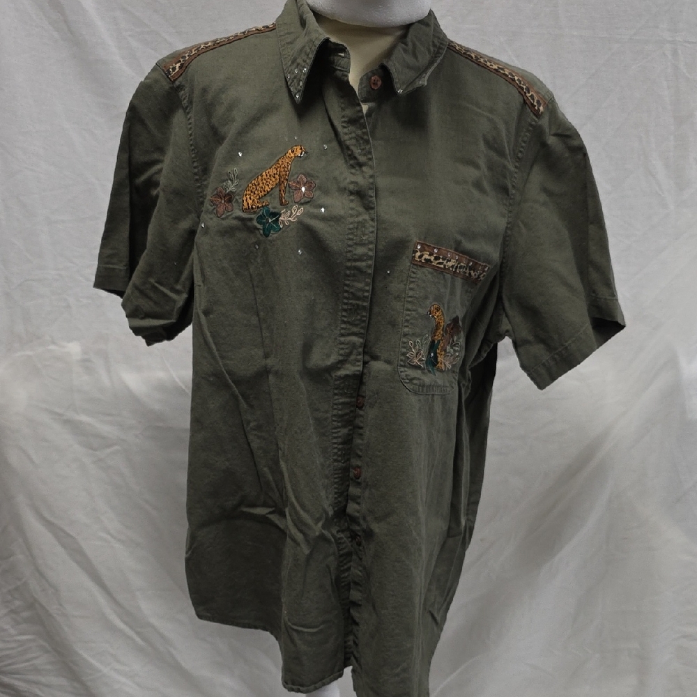 Cabin Creek Olive Green Embroidered Womens Shirt